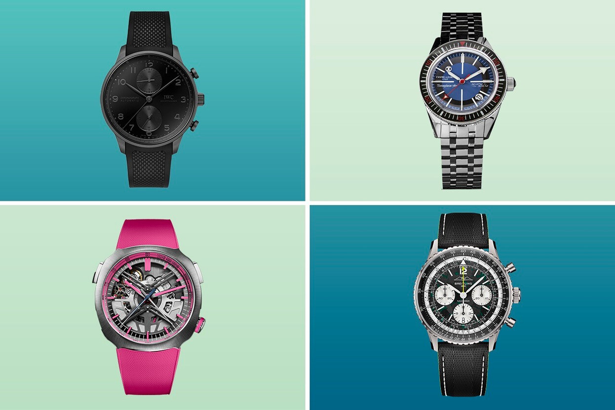 From top to bottom and left to right: IWC Portugieser Chronograph Ceratanium, Favre Leuba Deep Raider Revival x Timepiece 787, H. Moser Streamliner Alpine Drivers Pink Edition, Breitling Navitimer Aston Martin. (Photos: Favre Leuba, IWC, H. Moser, Breitling; Editing: Paperjam)
