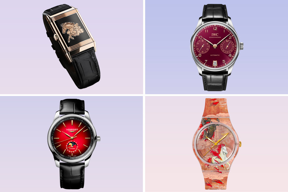 The horse has pride of place in the models offered by the watchmaking houses to mark the entry into the lunar year of the fire horse. (Photos: Jaeger-Lecoultre, IWC, Longines, Swatch. Montage: Paperjam)
