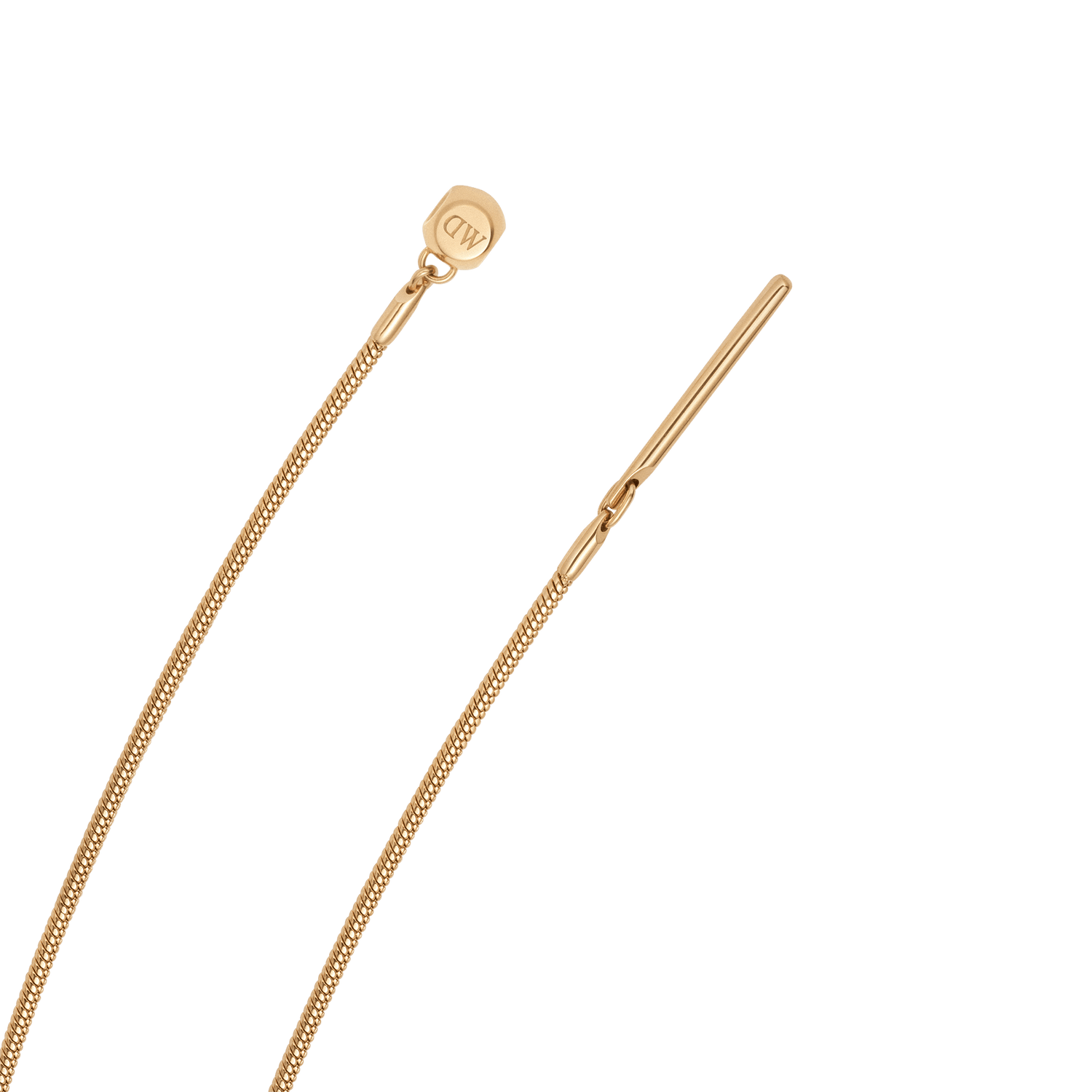 Close-up of the Charms Snake Necklace G showing the gold-plated stainless steel snake chain and the adjustable sliding clasp with the DW logo.