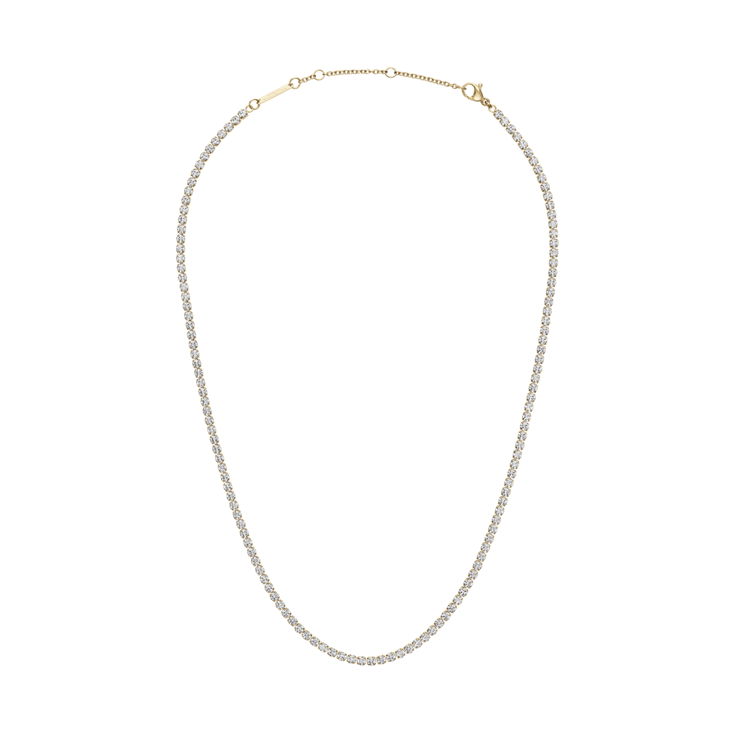 Gold tennis necklace featuring a continuous row of sparkling crystals set in a slim, adjustable chain with three sizing rings, designed for a refined and elegant look.