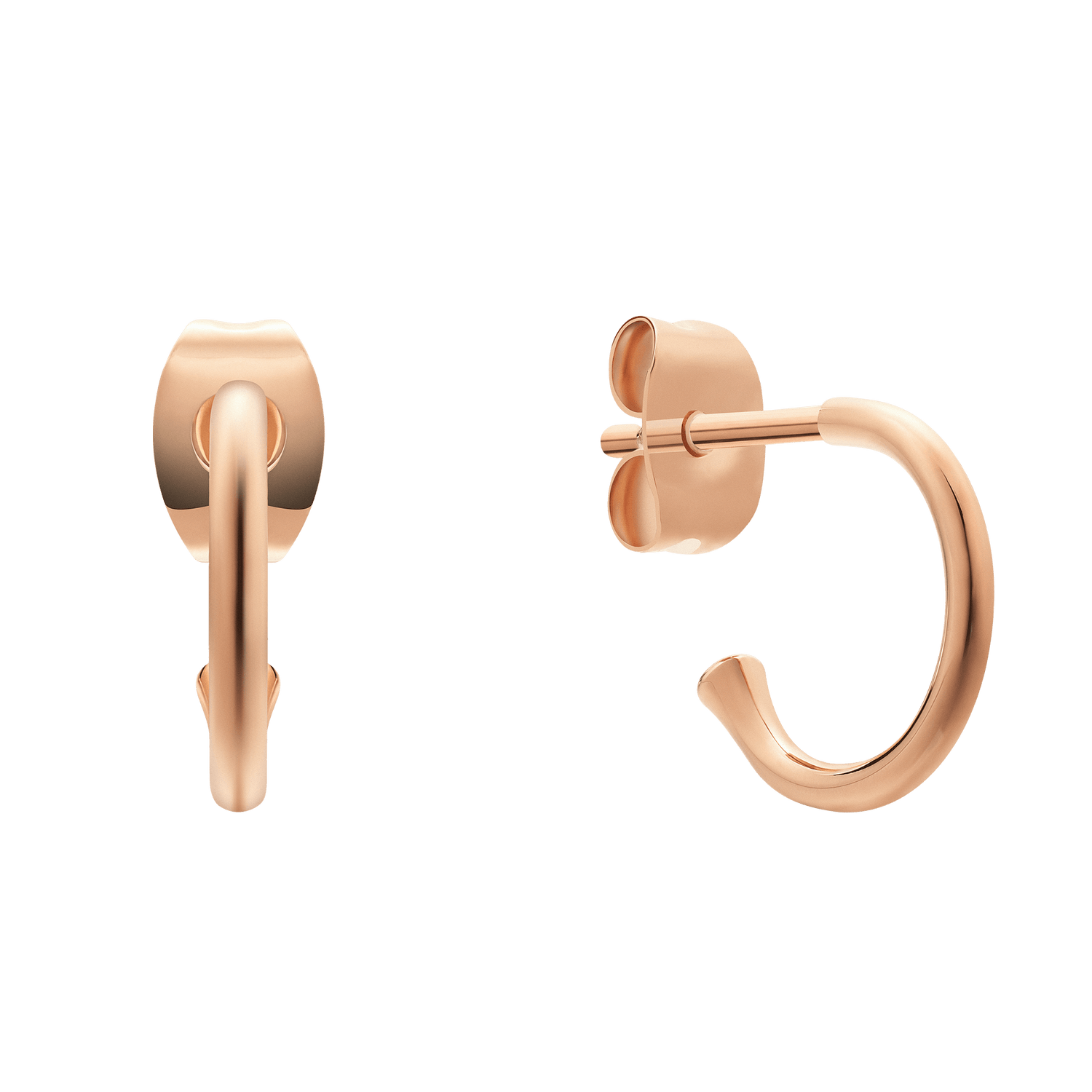 Pair of small open hoop earrings in polished rose gold-plated stainless steel with butterfly backs, shown from front and side angles.