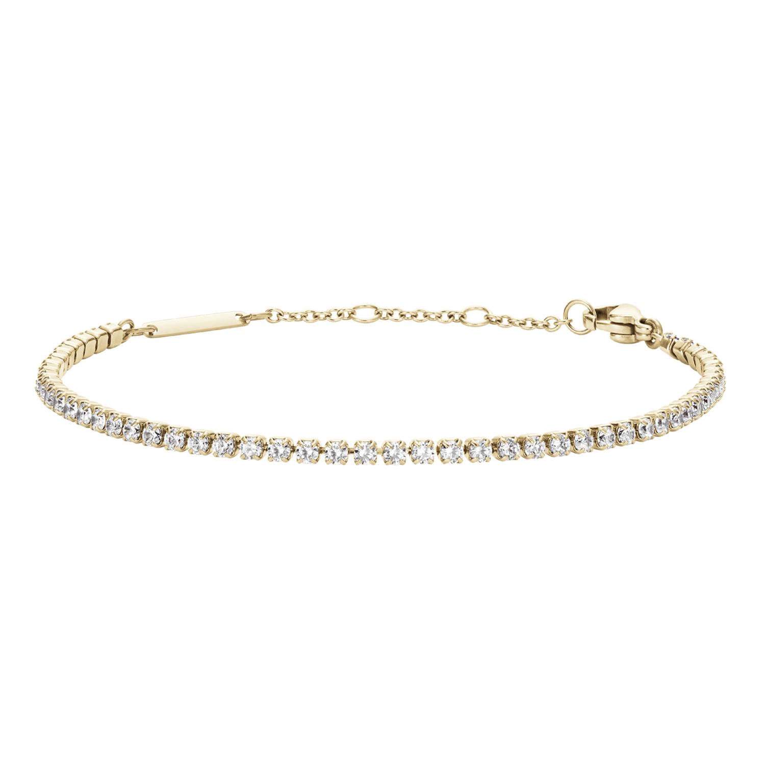 Gold tennis bracelet with cubic zirconia crystals in a claw setting, adjustable chain, elegant and minimalist design.