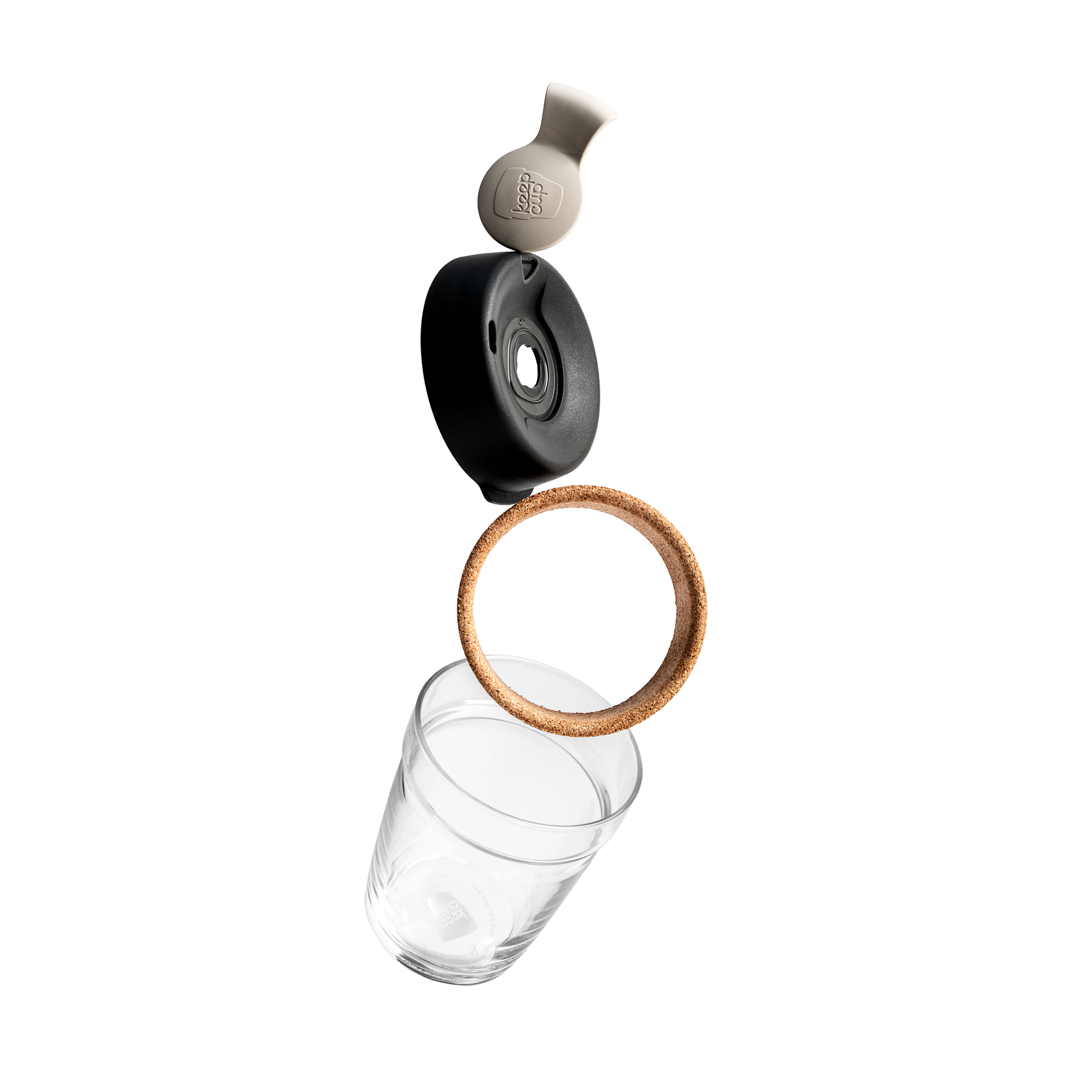 Glass cup with a cork band, black lid and gray plug on a white background
