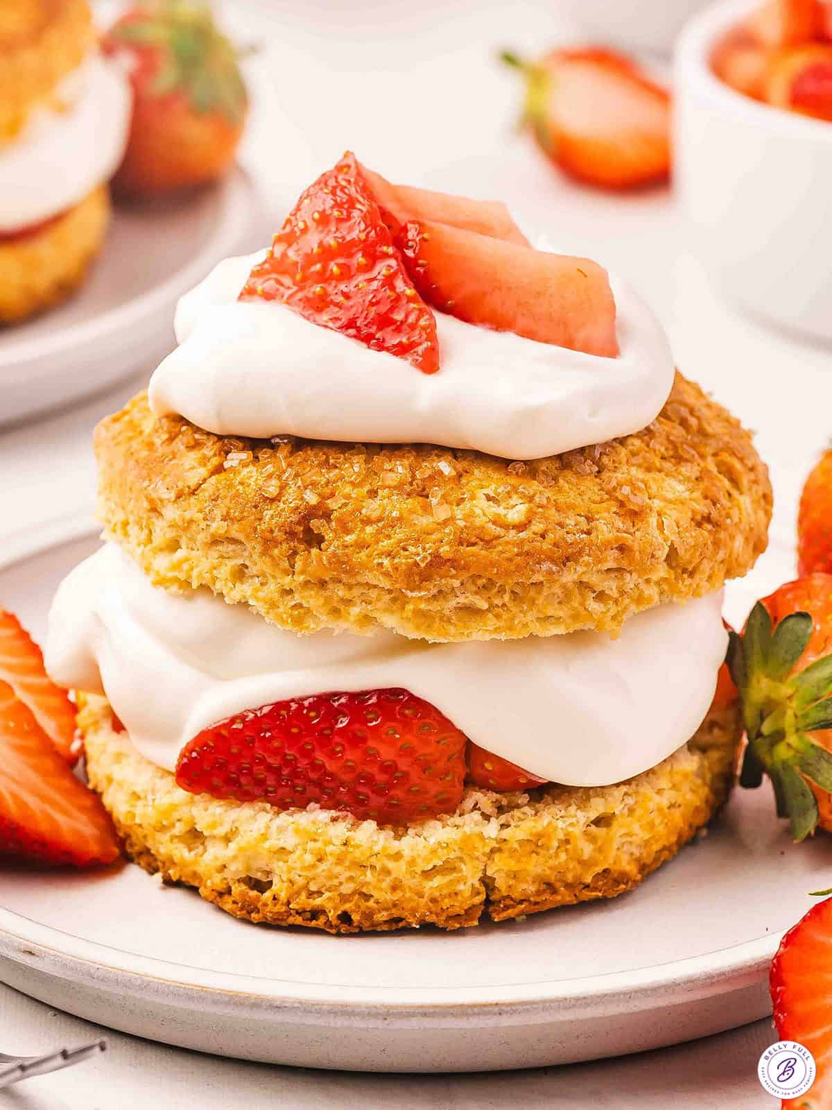 Side view of a strawberry shortcake on a plate.