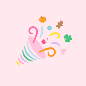 A pink cornucopia with colorful swirls spills out icons including a pumpkin, doughnut, gingerbread person, cupcake, four-leaf clover, heart, horseshoe, and abstract shapes on a light pink background.