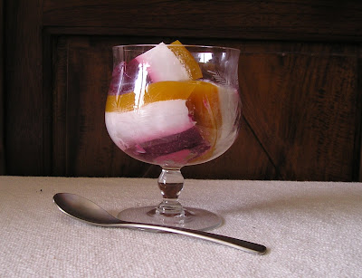 A fruit jelly made with blackberry juice, coconut milk and passionfruit juice A fruit jelly made with blackberry juice, coconut milk and passionfruit juice