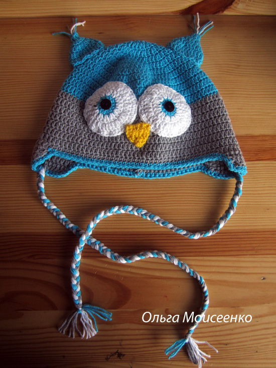 шапочка-сова на мальчика, голубенькая сова, детская вязаная шапочка прикольная детская шапка, сова крючком