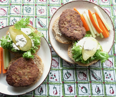 Buffalo Chicken Burgers with Blue Cheese Dressing and Vegetable Sticks