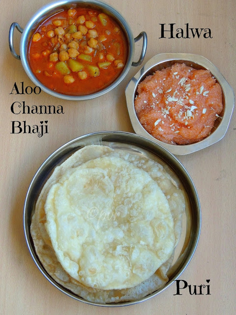 Aloo channa bhaji,Halwa,Puri Aloo channa bhaji,Halwa,Puri