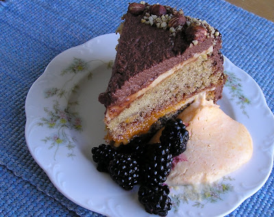 Hazelnut Torte served with Apricot Mousse and Blackberries Hazelnut Torte served with Apricot Mousse and Blackberries