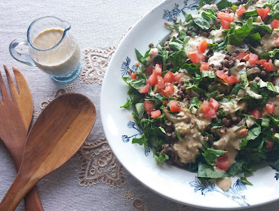 Lentil & Spring Greens Salad with a Spicy Tahini Dressing