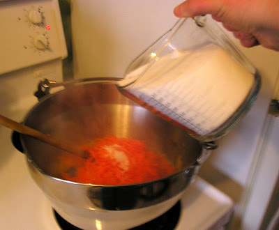 Making Marmalade - adding sugar and carrots Making Marmalade - adding carrots and sugar