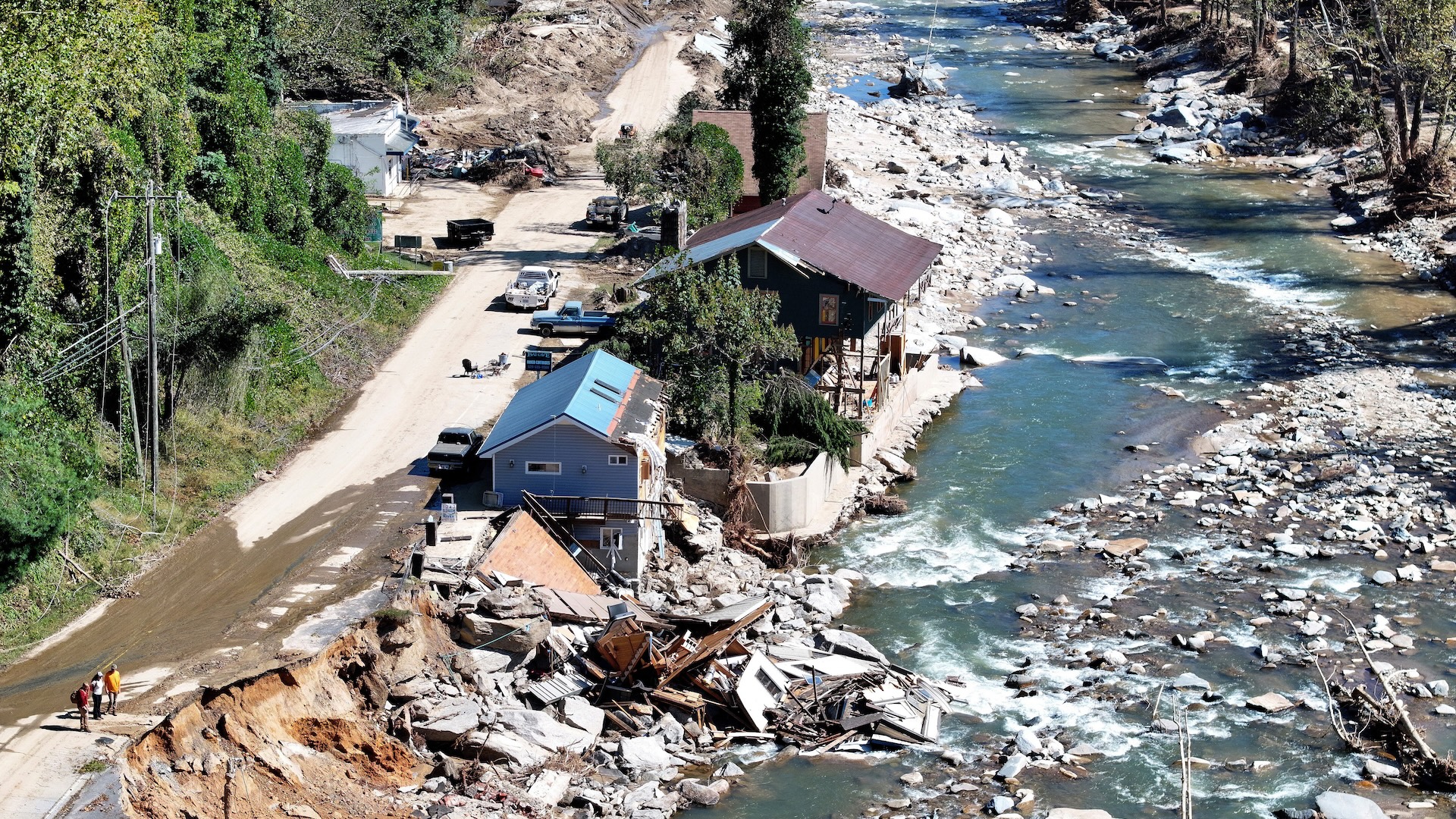 An aerial view of structures damaged by flooding