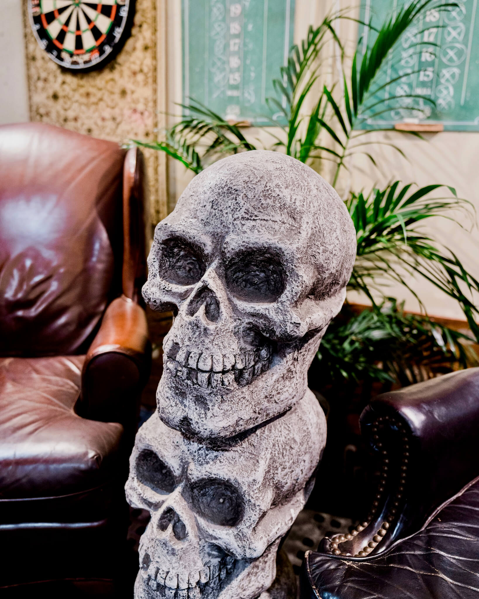 Decorative skull centerpiece at Chef Joann Catering's murder mystery dinner, featuring a 4-course menu paired with Second Chance Beer craft brews.