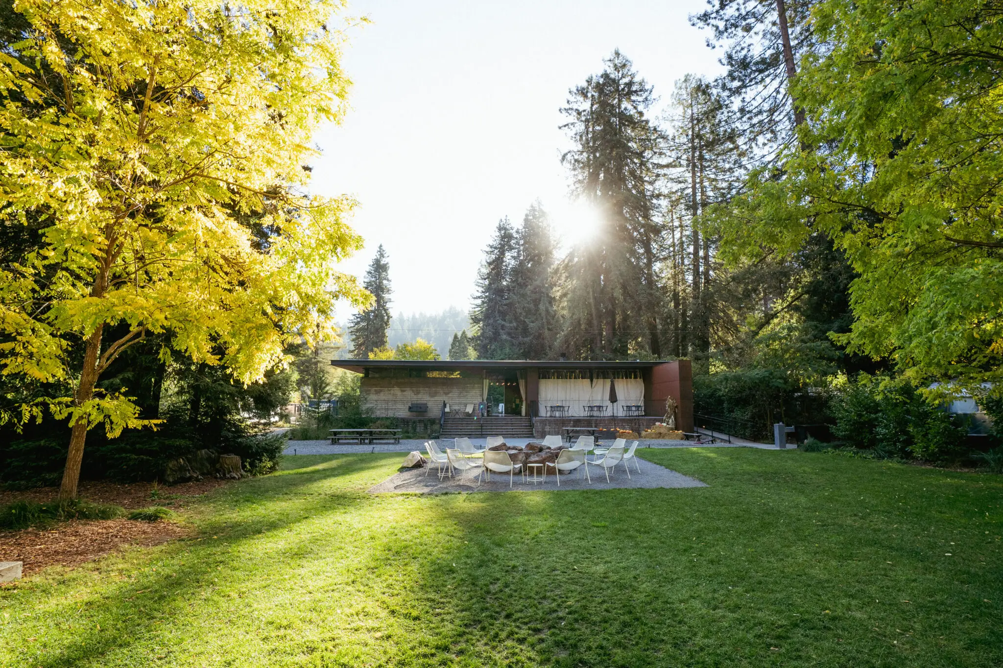 AutoCamp Russian River’s modern Airstream lodge nestled in grassy meadows, surrounded by Northern California’s serene landscape. A luxury glamping retreat with stylish architecture.
