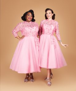 Gertie and Susie wearing the Haynes Bodice to recreate the "Sisters Dress" from the movie White Christmas (in pink, of course!).