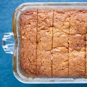 Old Fashioned Banana Bread Sliced blue background.