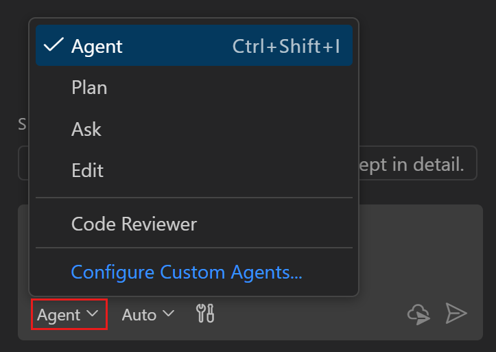 Screenshot showing the Chat view with the agent picker expanded, displaying different agent options.