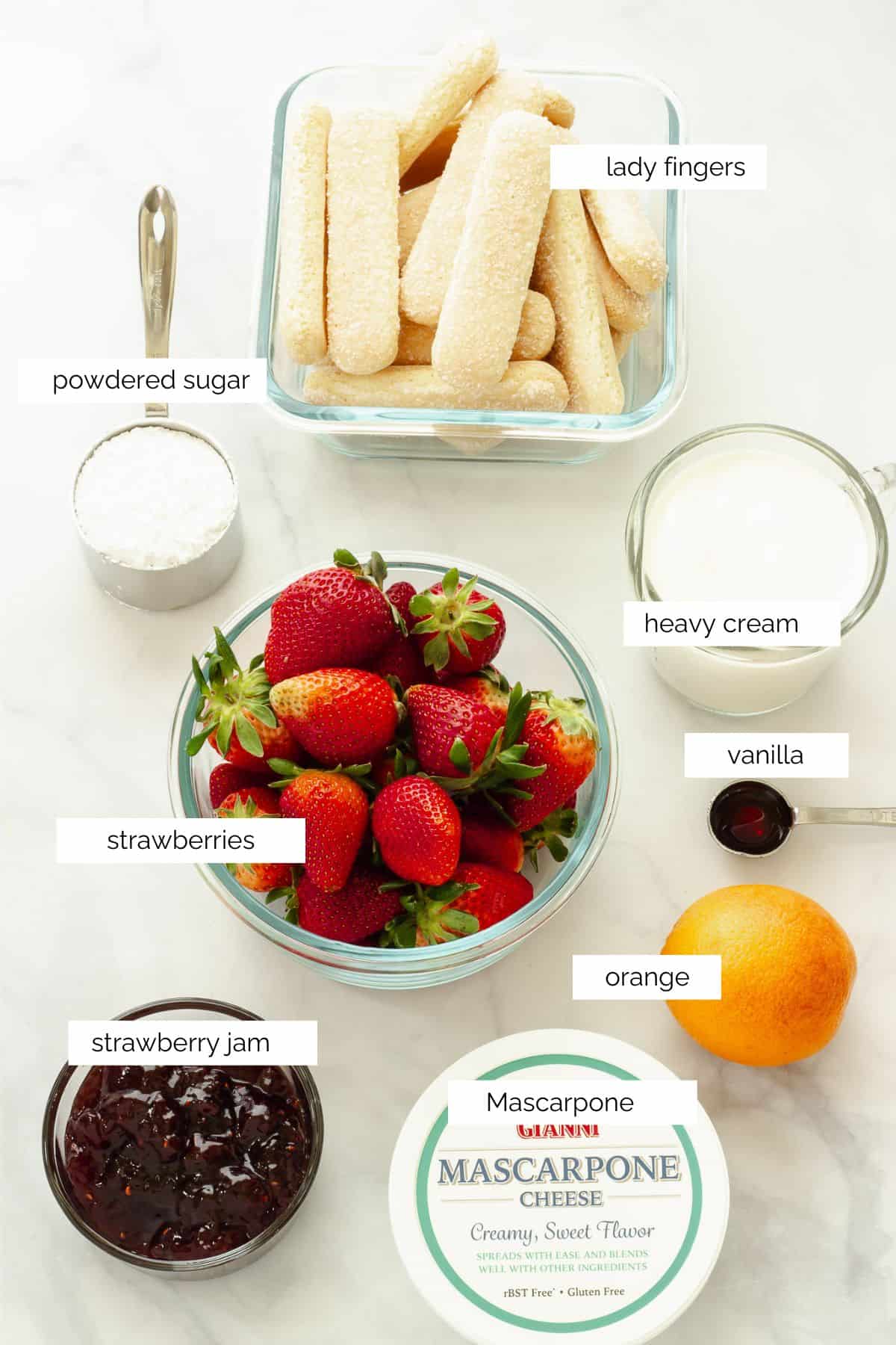 Ingredients needed to make strawberry tiramisu.