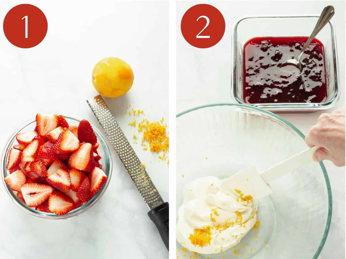 Steps 1 & 2 to make strawberry tiramisu.