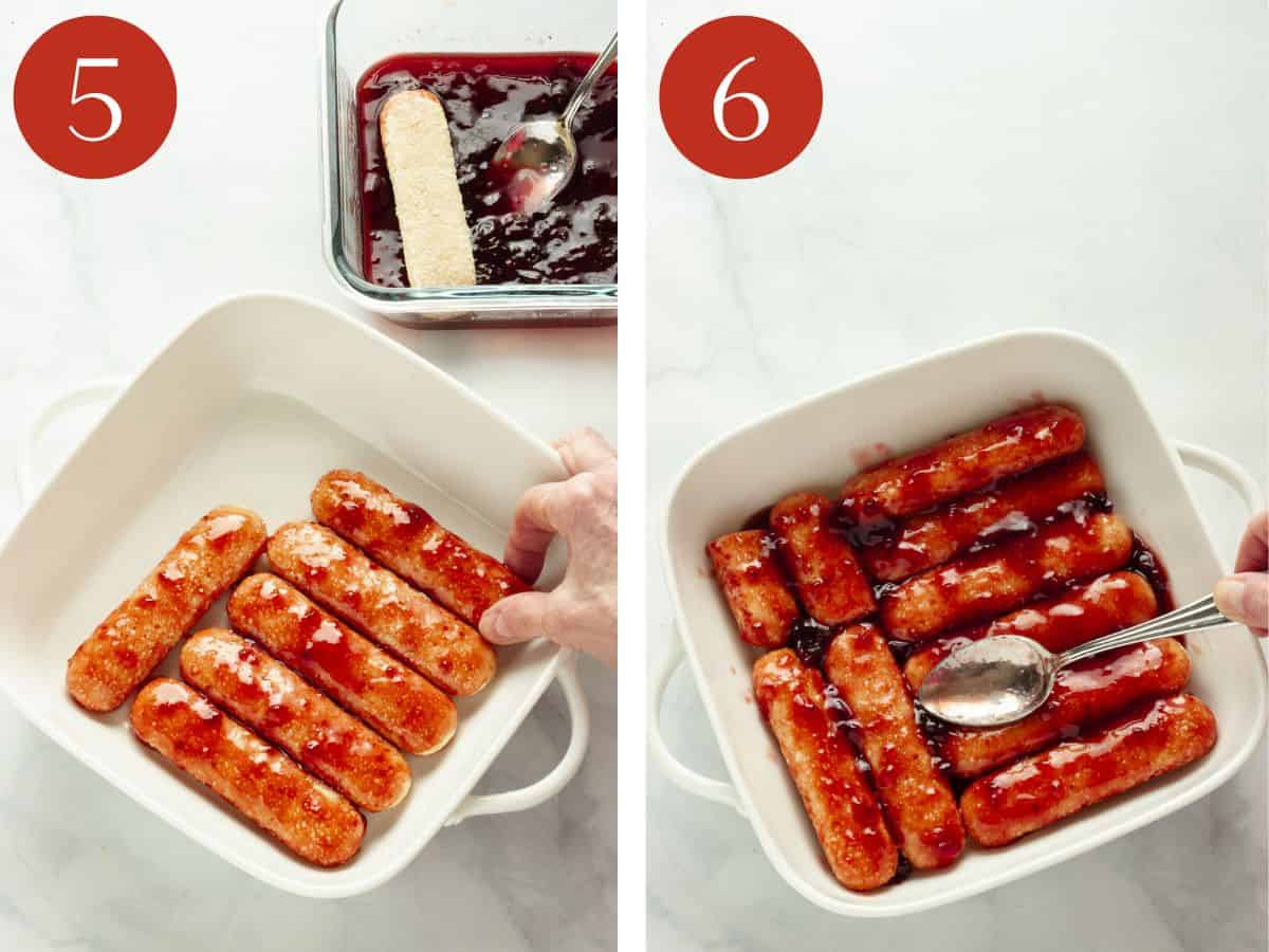 Steps 5 & 6 to make strawberry tiramisu.