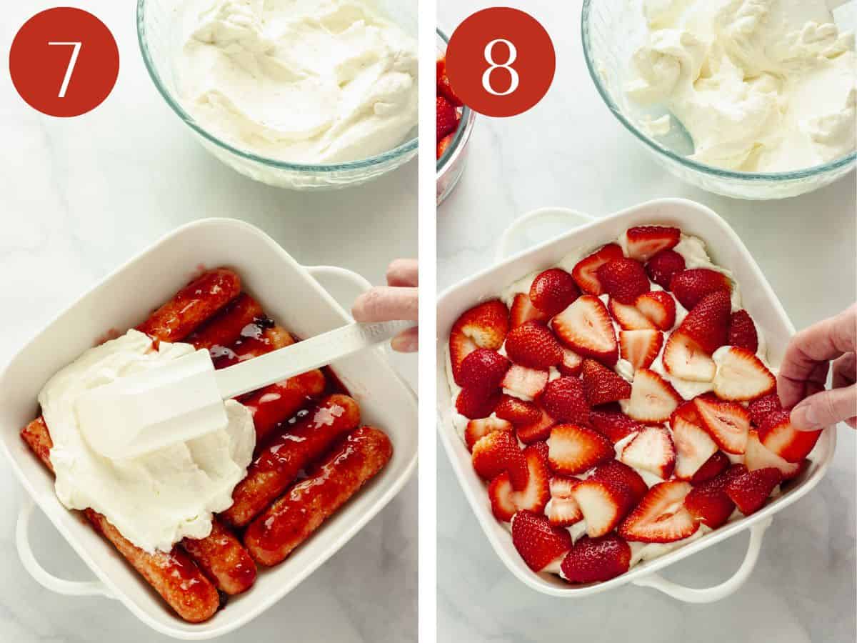 Steps 7 & 8 to make strawberry tiramisu.