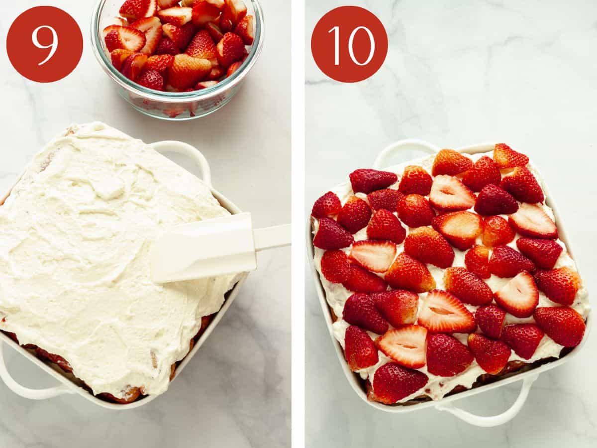 Steps 9 & 10 to make strawberry tiramisu.