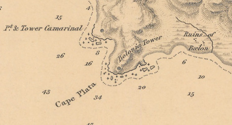 Detalle cartográfico de Punta Camarinal (1833). Fuente: “The Strait of Gibraltar” by Capitain William Henry Smyth, R.N.K.S.F.; J & C Walker Sculpt. Hydrographical Office of the Admiralty (Londres), 1833. Mapa extraído del blog de un amigo: dRuta.