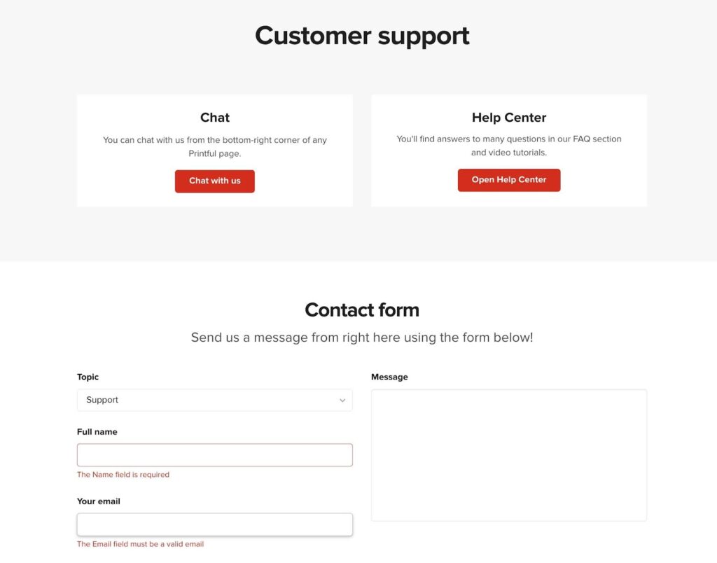 Printful customer support channels