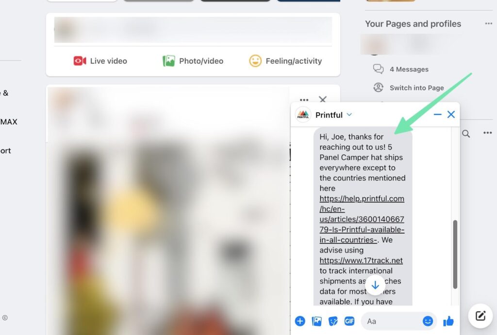 Printful customer support reply on Facebook
