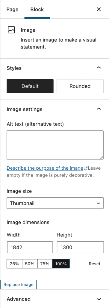 이미지 블록에 대한 블록 설정.