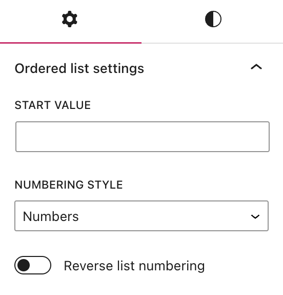 Numbered list block settings.