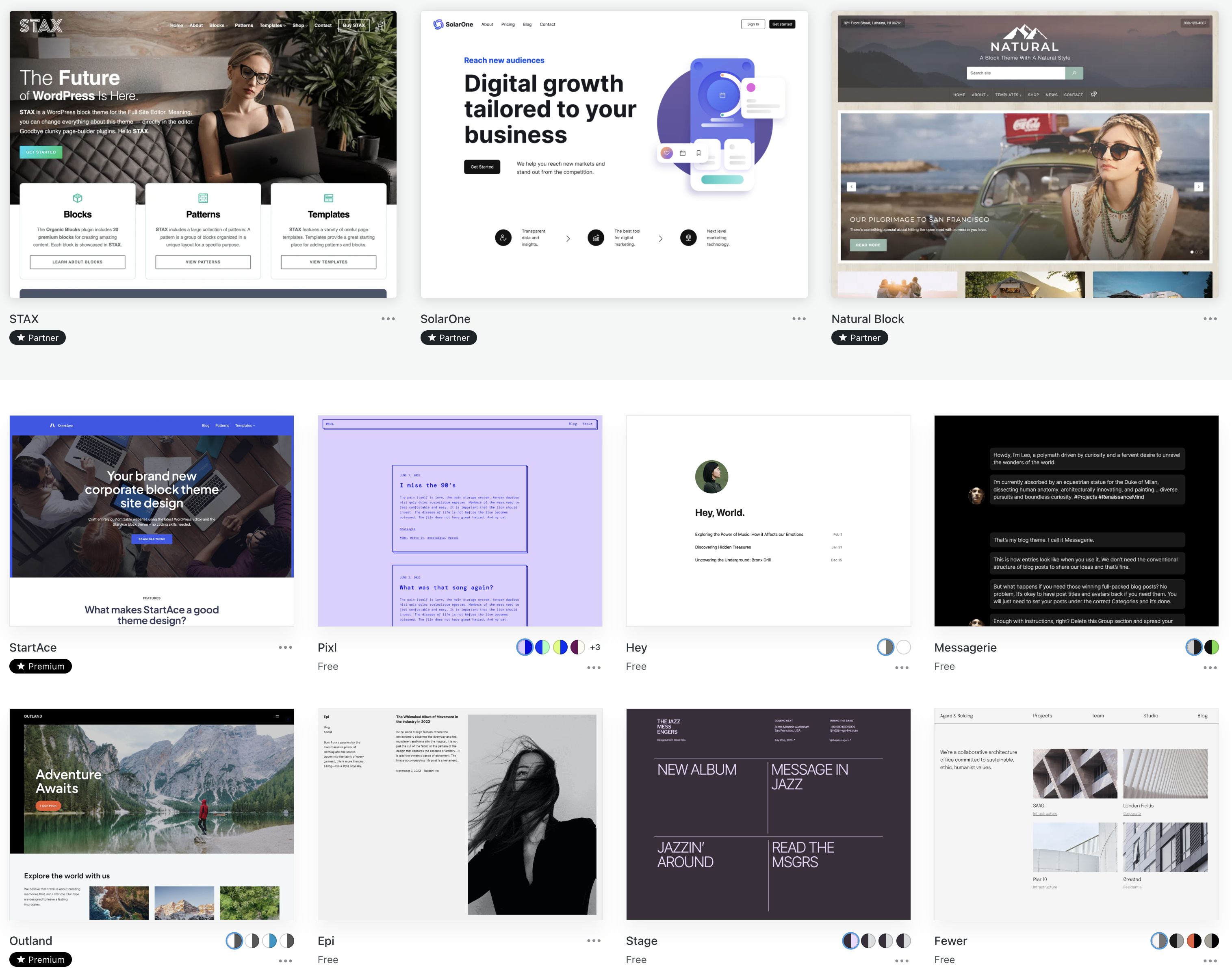 The thumbnails for themes available, showing several free, Premium, and Partner themes.