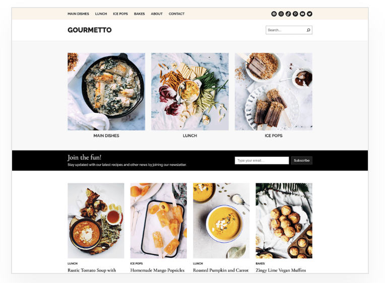 The homepage of the Gourmetto theme.