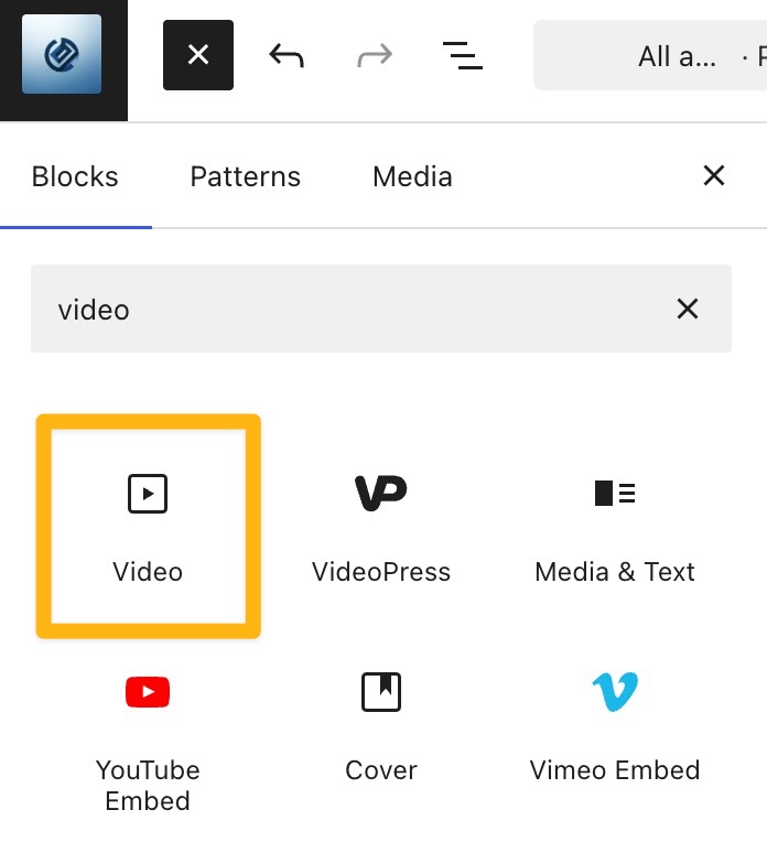 A box drawn around the Video block in the block selector sidebar.