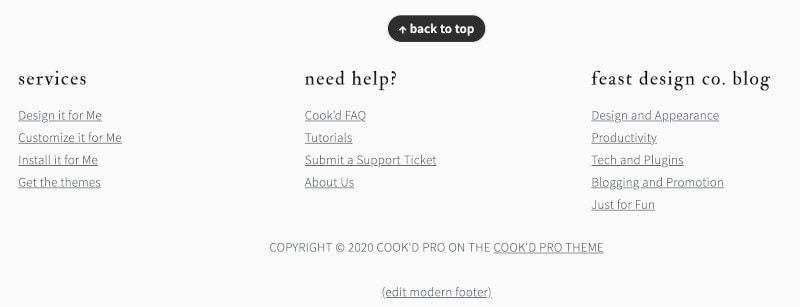 screenshot of the 3-column modern footer in the feast plugin