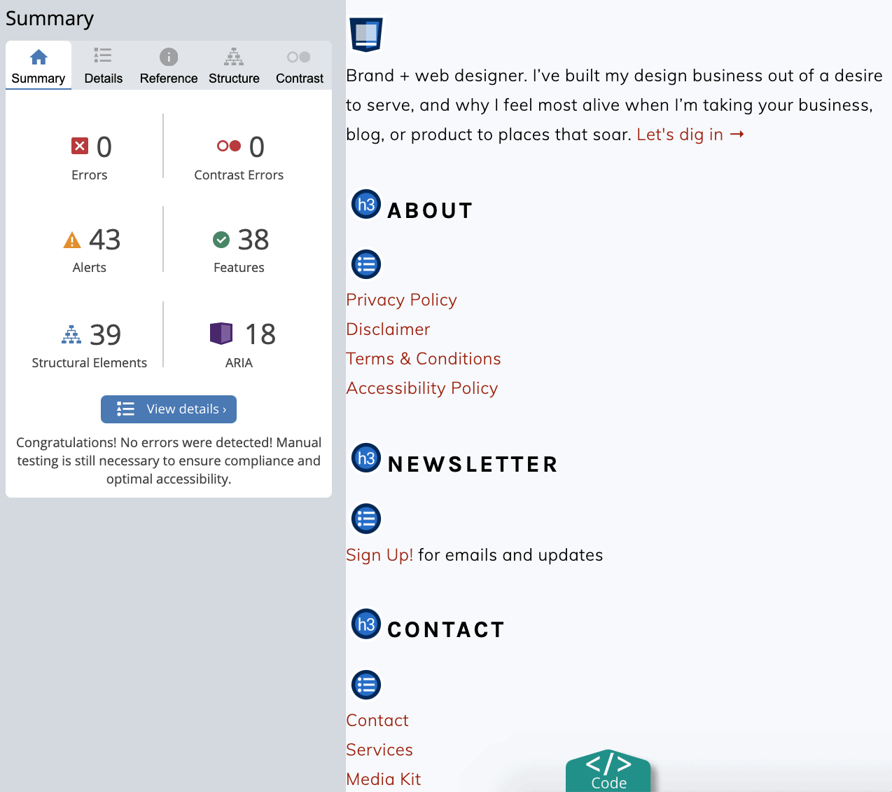 example accessibility report for foodiepro.com using webaim's wave accessibility tool