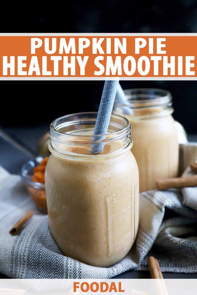 Vertical image of glass jars with a light orange smoothie and blue straws, with text on the top and bottom of the image.