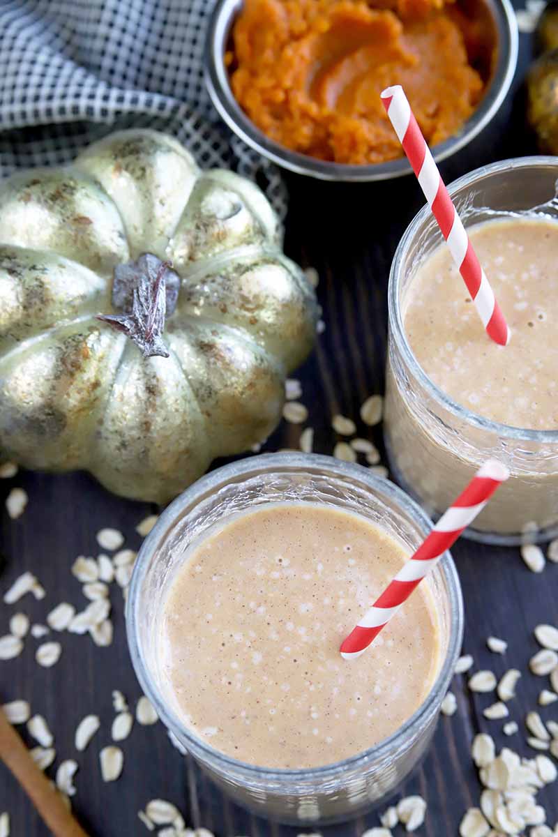 Vertical overhead image of two glasses of homemade pumpkin oatmeal smoothie with red and white striped paper straws, on a dark gray surface with scattered rolled oats and cinnamon sticks, a gold decorative pumpkin, and a small dish of orange squash puree, with a blue-gray cloth at the top of the frame.