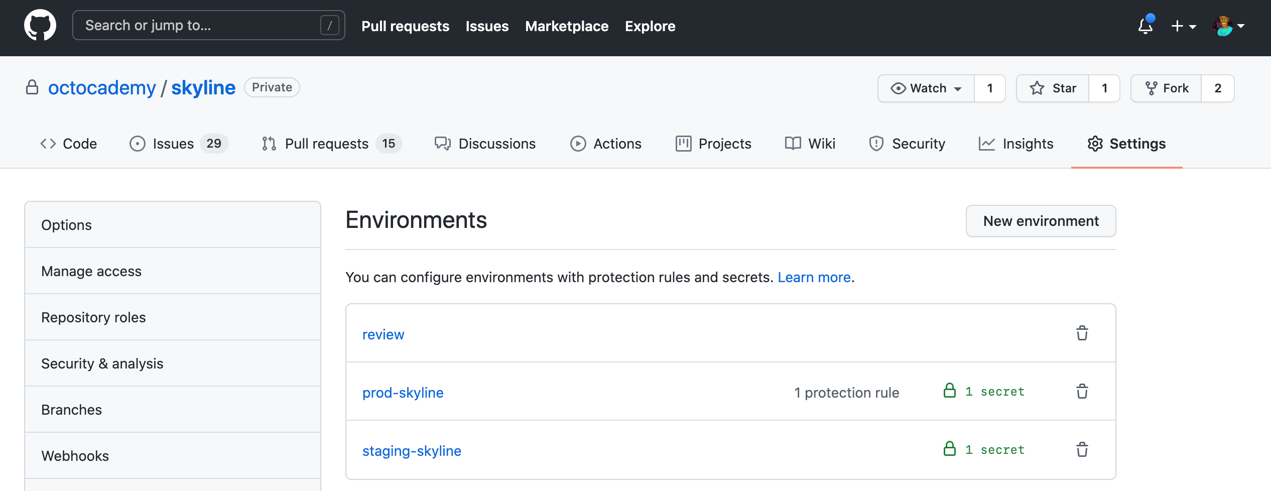 screenshot of environments in GitHub Actions workflow automations