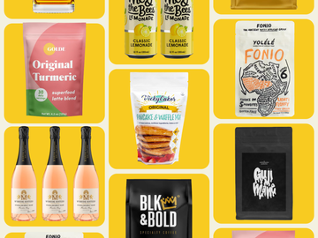 display of various food and beverage products against a yellow background