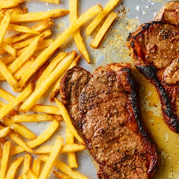Sheet Pan Steak Frites steak and fries on a sheet pan