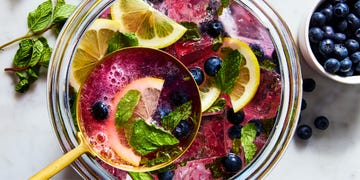Bowl of colorful beverage with lemon slices, blueberries, and mint.