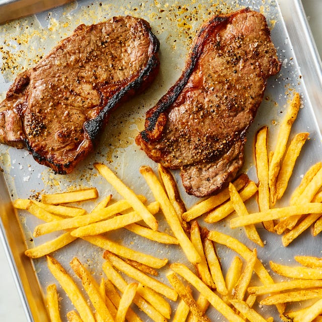 Sheet Pan Steak Frites steak and fries on a sheet pan