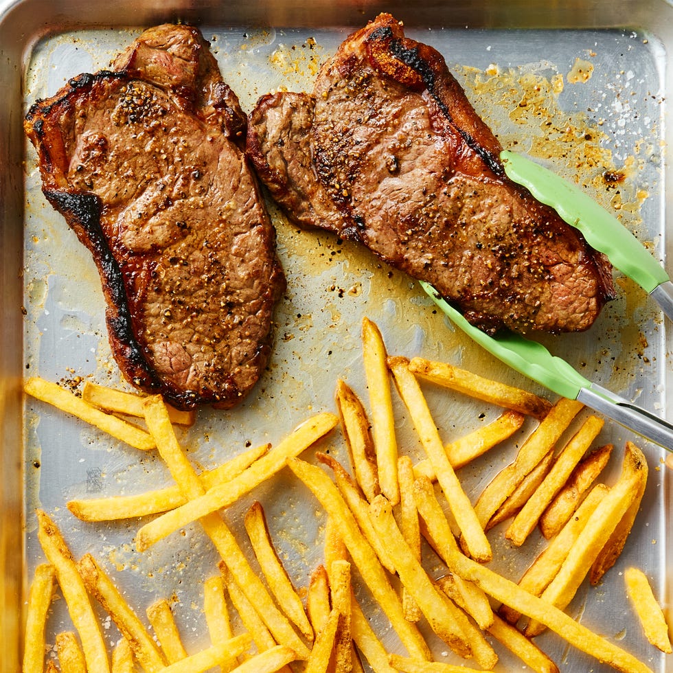Sheet Pan Steak Frites steak and fries on a sheet pan