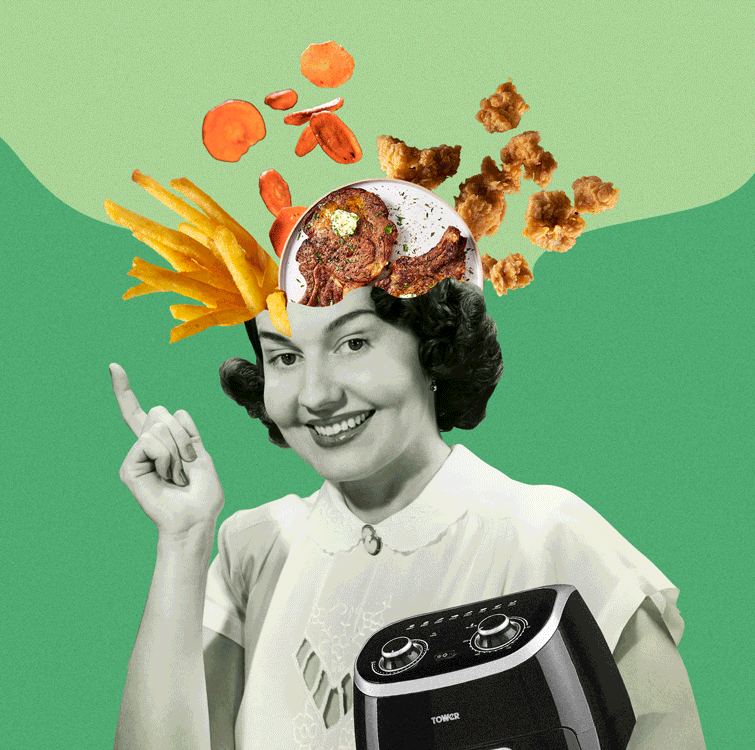 woman with air fryer foods coming out of her head woman with air fryer foods coming out of her head