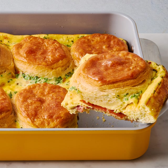 Bacon & Egg and Cheese Biscuit Casserole bacon and egg casserole layered with biscuits