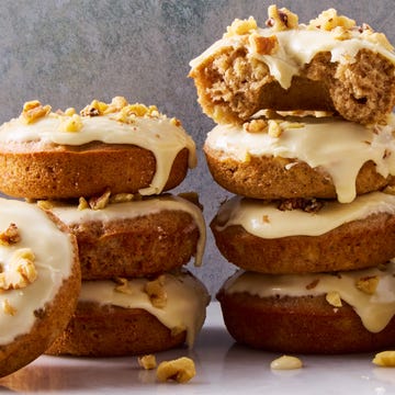 Banana Bread Donuts banana bread donuts topped with maple glaze and chopped walnuts