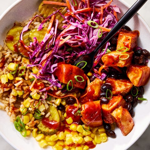 BBQ Protein Bowls bbq chicken, corn, black beans, slaw, rice, and pickles