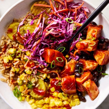 bbq chicken, corn, black beans, slaw, rice, and pickles